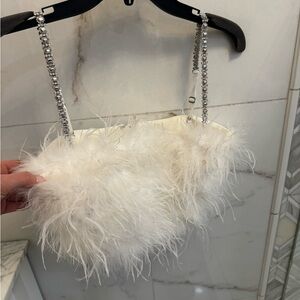NADINE MERABI White Feather Crop Top with Crystal Straps